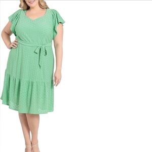 LONDON TIMES Woman Tiered Flutter Sleeve Eyelet Midi Dress